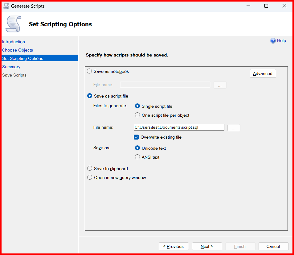 Picture showing the options for setting the path of the generated script